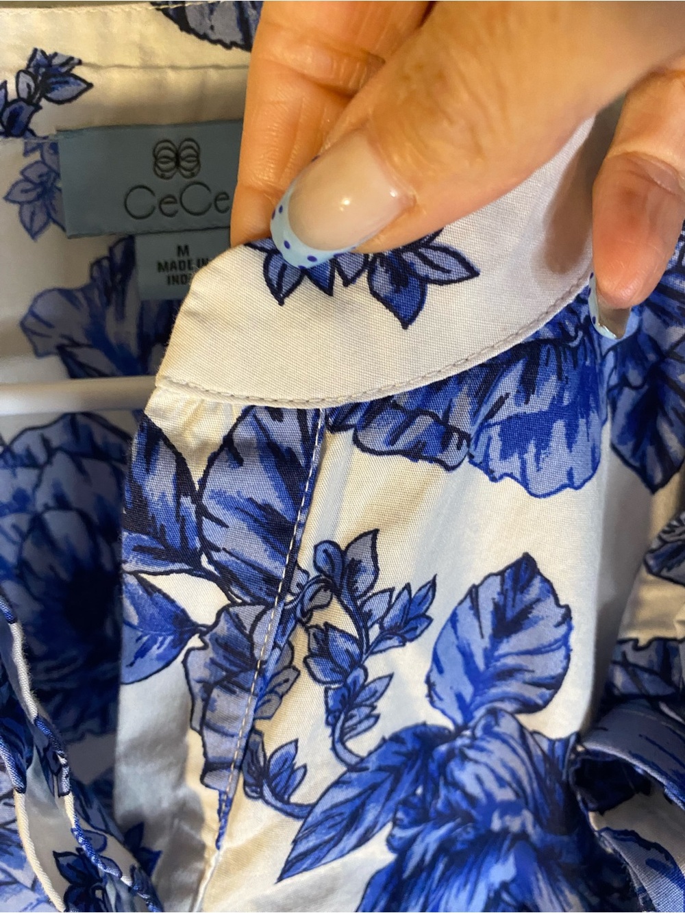 CeCe Blue and White Floral Ruffle Sleeve Blouse - Picture 7 of 12